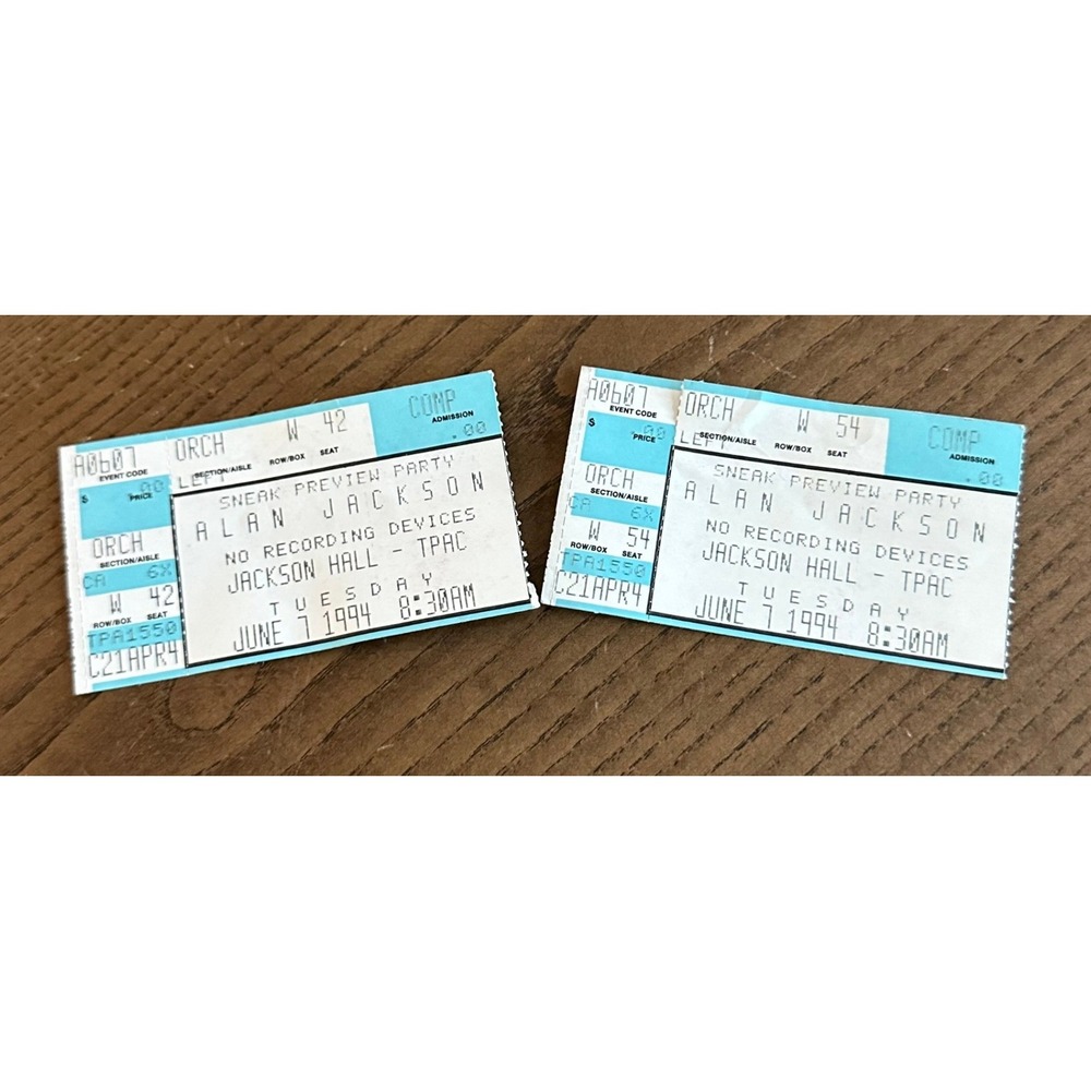 Vintage Alan Jackson 1994 Ticket Stubs Nashville TPAC Sneak Preview Party 2pc‎